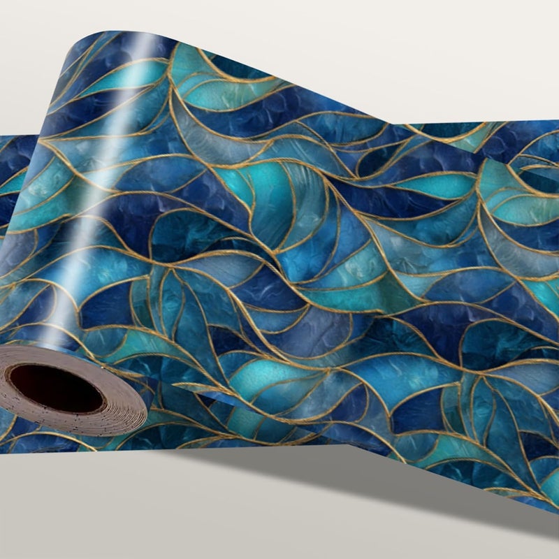 IOHEFY Blue Geometric Mosaic Wallpaper Border 196x4 Inch Peel and Stick Wall Border Removable Vinyl Wall Trim Modern Pattern for Kitchen Bathroom Laundry Room Home Decor - Image 1